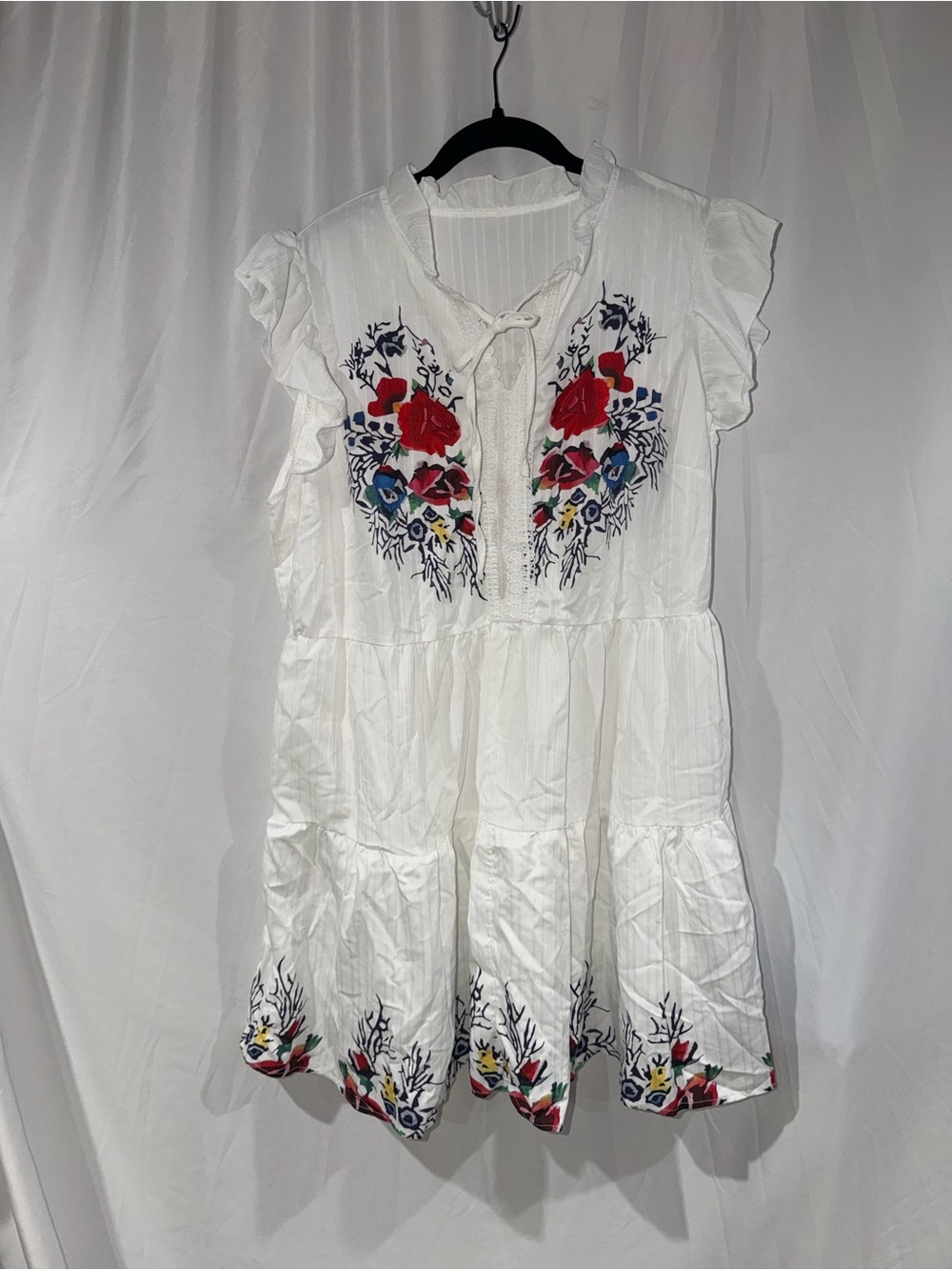 SHEIN Curve Dress White Multicolor Floral Ruffle Cap Sleeves Tie V Neck Boho 1XL